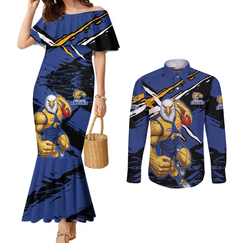 West Coast Eagles Couples Matching Mermaid Dress and Long Sleeve Button Shirt Eagles Muscular Mascot Graphic - Abstract Paint Splatter Art