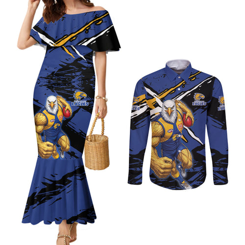 West Coast Eagles Couples Matching Mermaid Dress and Long Sleeve Button Shirt Eagles Muscular Mascot Graphic - Abstract Paint Splatter Art