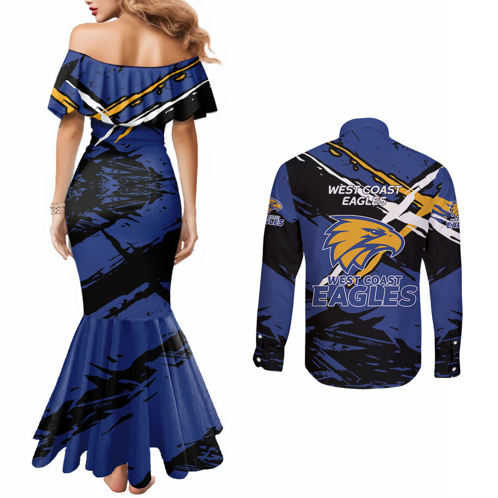 West Coast Eagles Couples Matching Mermaid Dress and Long Sleeve Button Shirt Eagles Muscular Mascot Graphic - Abstract Paint Splatter Art