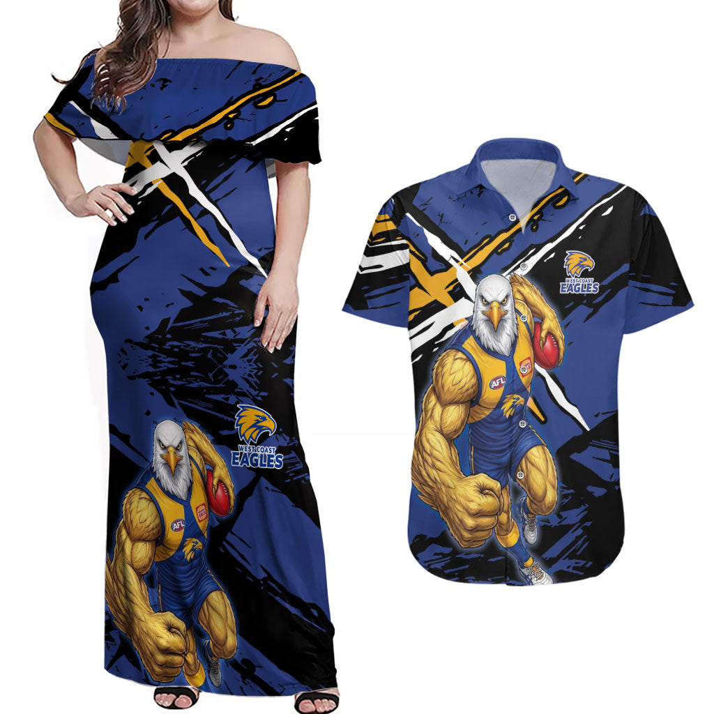 West Coast Eagles Couples Matching Off Shoulder Maxi Dress and Hawaiian Shirt Eagles Muscular Mascot Graphic - Abstract Paint Splatter Art