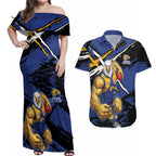 West Coast Eagles Couples Matching Off Shoulder Maxi Dress and Hawaiian Shirt Eagles Muscular Mascot Graphic - Abstract Paint Splatter Art