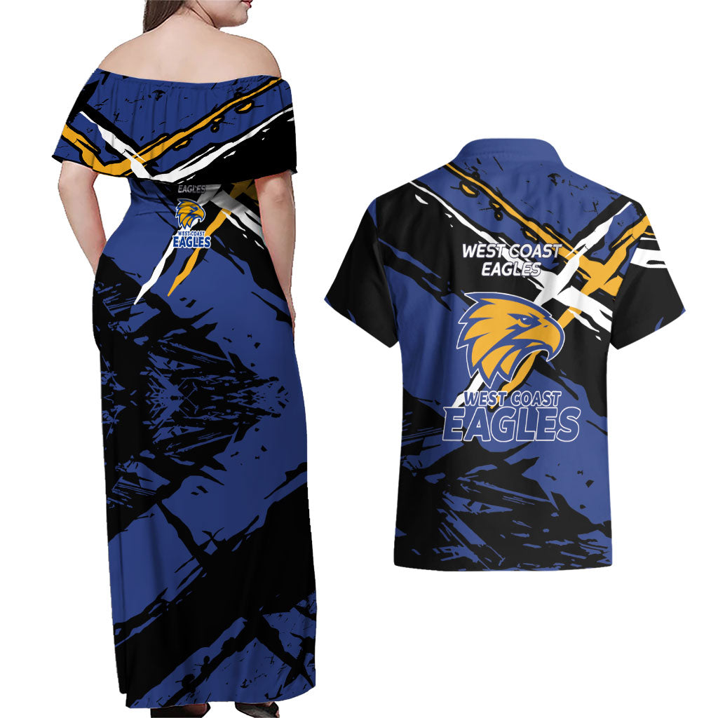 West Coast Eagles Couples Matching Off Shoulder Maxi Dress and Hawaiian Shirt Eagles Muscular Mascot Graphic - Abstract Paint Splatter Art