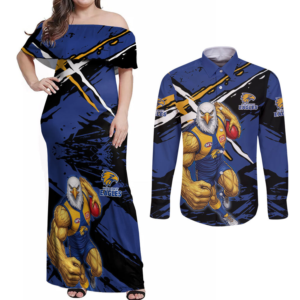 West Coast Eagles Couples Matching Off Shoulder Maxi Dress and Long Sleeve Button Shirt Eagles Muscular Mascot Graphic - Abstract Paint Splatter Art