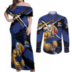 West Coast Eagles Couples Matching Off Shoulder Maxi Dress and Long Sleeve Button Shirt Eagles Muscular Mascot Graphic - Abstract Paint Splatter Art