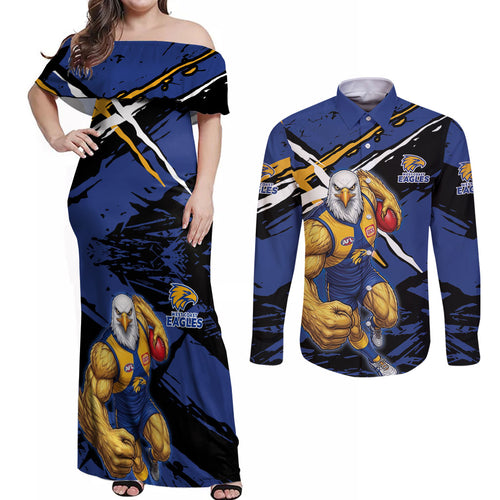 West Coast Eagles Couples Matching Off Shoulder Maxi Dress and Long Sleeve Button Shirt Eagles Muscular Mascot Graphic - Abstract Paint Splatter Art