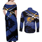 West Coast Eagles Couples Matching Off Shoulder Maxi Dress and Long Sleeve Button Shirt Eagles Muscular Mascot Graphic - Abstract Paint Splatter Art