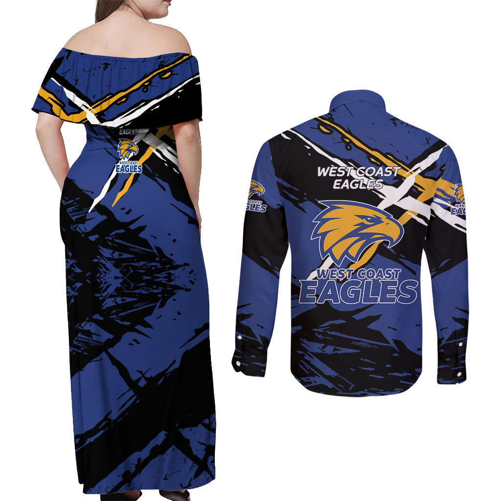West Coast Eagles Couples Matching Off Shoulder Maxi Dress and Long Sleeve Button Shirt Eagles Muscular Mascot Graphic - Abstract Paint Splatter Art