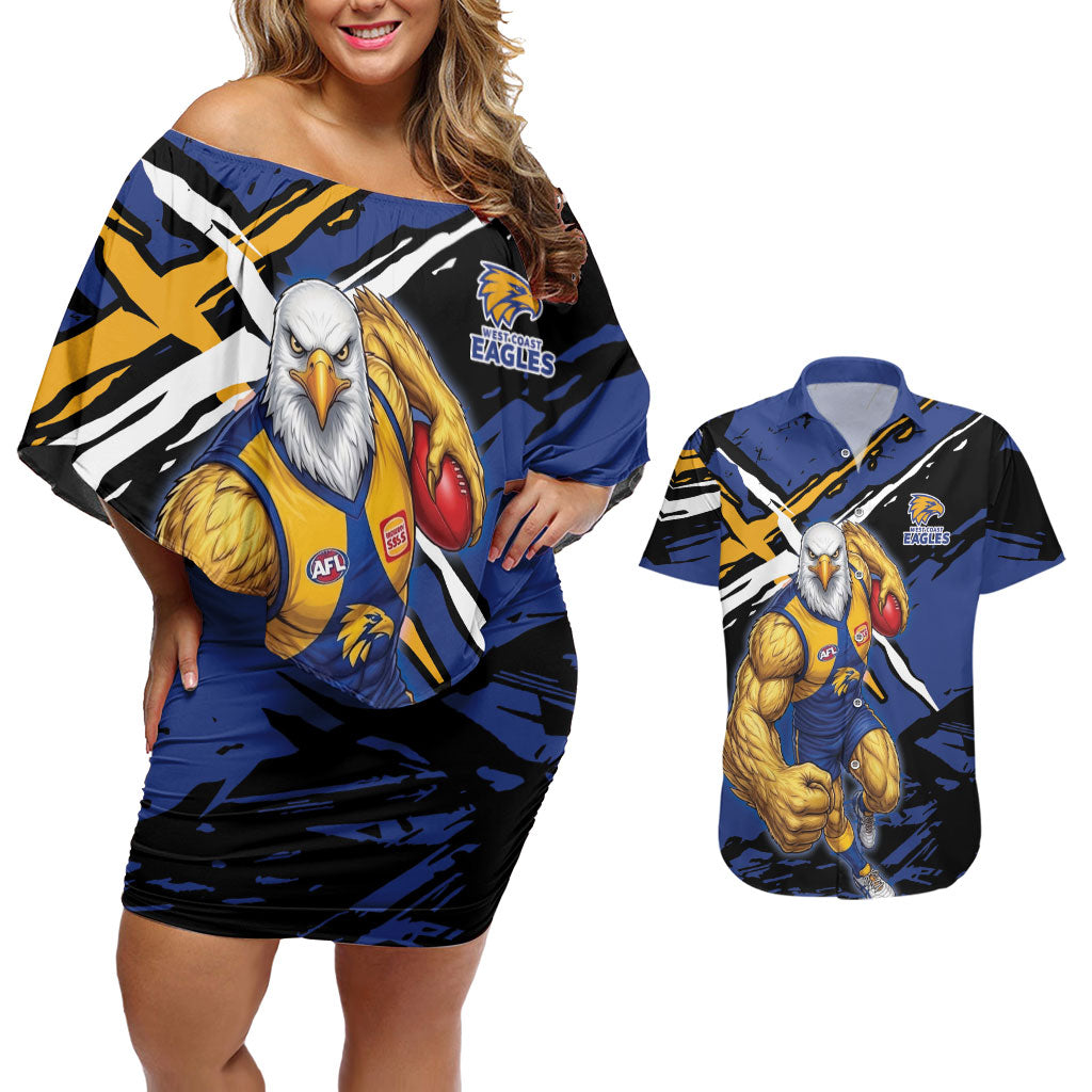West Coast Eagles Couples Matching Off Shoulder Short Dress and Hawaiian Shirt Eagles Muscular Mascot Graphic - Abstract Paint Splatter Art
