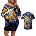 West Coast Eagles Couples Matching Off Shoulder Short Dress and Hawaiian Shirt Eagles Muscular Mascot Graphic - Abstract Paint Splatter Art