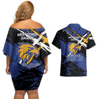 West Coast Eagles Couples Matching Off Shoulder Short Dress and Hawaiian Shirt Eagles Muscular Mascot Graphic - Abstract Paint Splatter Art