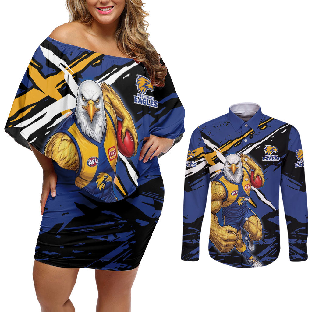 West Coast Eagles Couples Matching Off Shoulder Short Dress and Long Sleeve Button Shirt Eagles Muscular Mascot Graphic - Abstract Paint Splatter Art