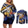 West Coast Eagles Couples Matching Off Shoulder Short Dress and Long Sleeve Button Shirt Eagles Muscular Mascot Graphic - Abstract Paint Splatter Art