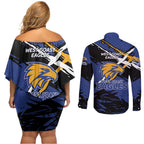 West Coast Eagles Couples Matching Off Shoulder Short Dress and Long Sleeve Button Shirt Eagles Muscular Mascot Graphic - Abstract Paint Splatter Art