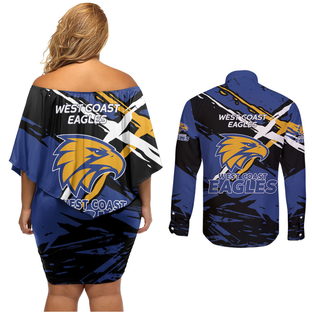 West Coast Eagles Couples Matching Off Shoulder Short Dress and Long Sleeve Button Shirt Eagles Muscular Mascot Graphic - Abstract Paint Splatter Art