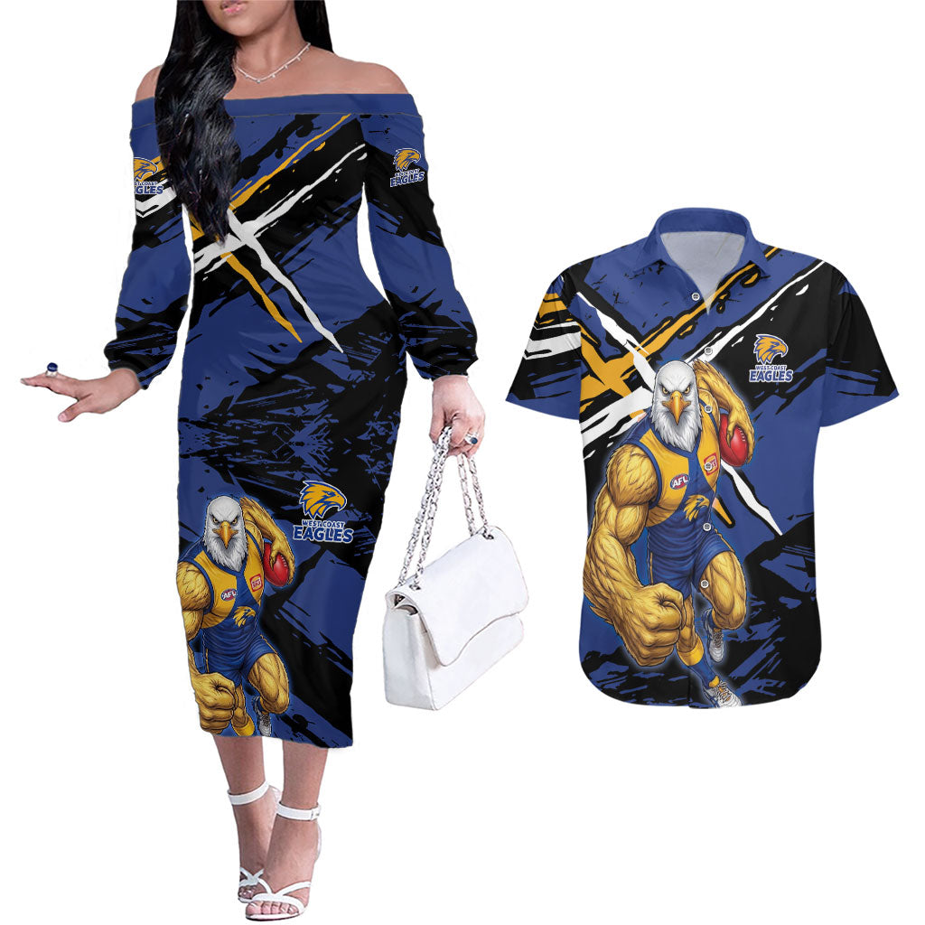 West Coast Eagles Couples Matching Off The Shoulder Long Sleeve Dress and Hawaiian Shirt Eagles Muscular Mascot Graphic - Abstract Paint Splatter Art