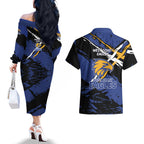 West Coast Eagles Couples Matching Off The Shoulder Long Sleeve Dress and Hawaiian Shirt Eagles Muscular Mascot Graphic - Abstract Paint Splatter Art