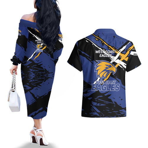 West Coast Eagles Couples Matching Off The Shoulder Long Sleeve Dress and Hawaiian Shirt Eagles Muscular Mascot Graphic - Abstract Paint Splatter Art