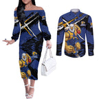 West Coast Eagles Couples Matching Off The Shoulder Long Sleeve Dress and Long Sleeve Button Shirt Eagles Muscular Mascot Graphic - Abstract Paint Splatter Art
