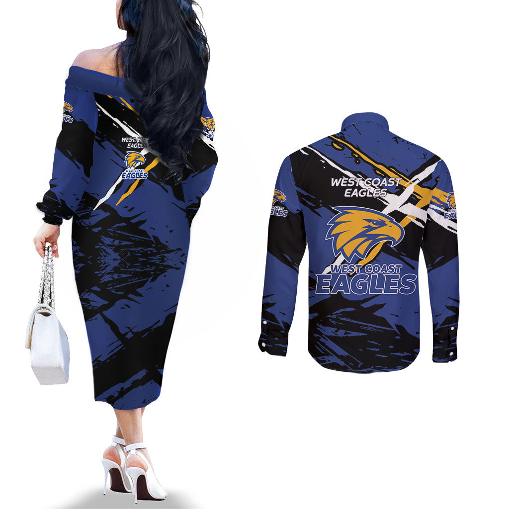 West Coast Eagles Couples Matching Off The Shoulder Long Sleeve Dress and Long Sleeve Button Shirt Eagles Muscular Mascot Graphic - Abstract Paint Splatter Art