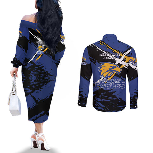 West Coast Eagles Couples Matching Off The Shoulder Long Sleeve Dress and Long Sleeve Button Shirt Eagles Muscular Mascot Graphic - Abstract Paint Splatter Art