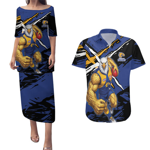West Coast Eagles Couples Matching Puletasi and Hawaiian Shirt Eagles Muscular Mascot Graphic - Abstract Paint Splatter Art