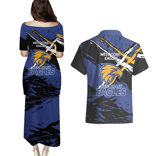 West Coast Eagles Couples Matching Puletasi and Hawaiian Shirt Eagles Muscular Mascot Graphic - Abstract Paint Splatter Art