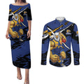 West Coast Eagles Couples Matching Puletasi and Long Sleeve Button Shirt Eagles Muscular Mascot Graphic - Abstract Paint Splatter Art