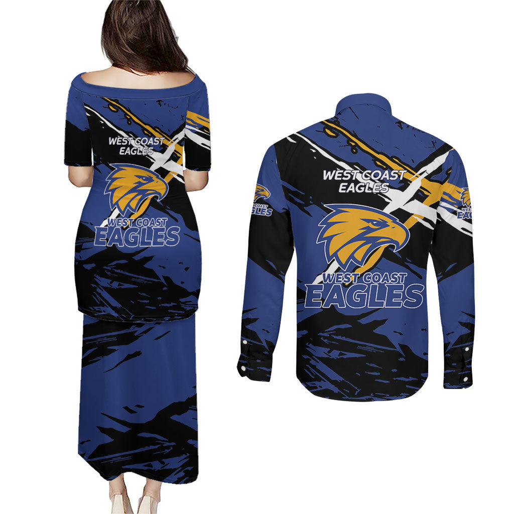 West Coast Eagles Couples Matching Puletasi and Long Sleeve Button Shirt Eagles Muscular Mascot Graphic - Abstract Paint Splatter Art