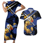 West Coast Eagles Couples Matching Short Sleeve Bodycon Dress and Hawaiian Shirt Eagles Muscular Mascot Graphic - Abstract Paint Splatter Art