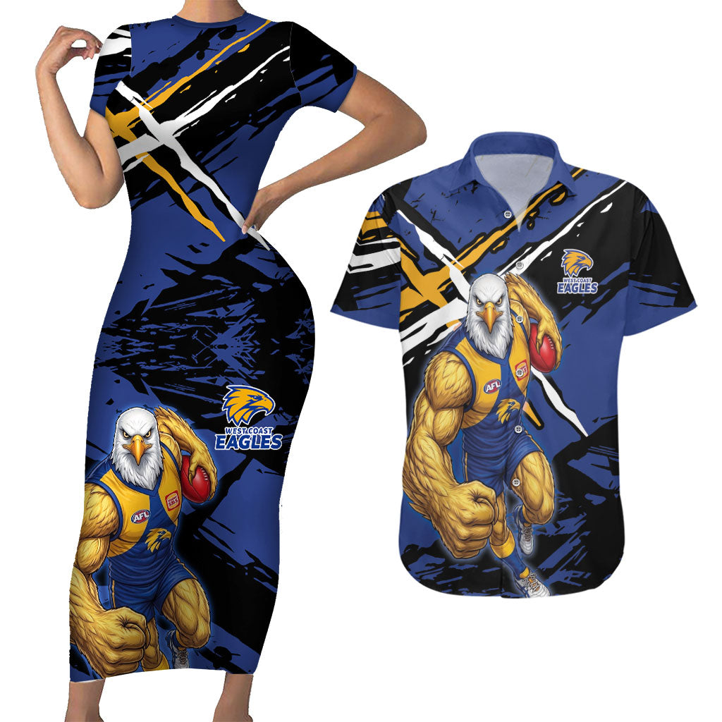 West Coast Eagles Couples Matching Short Sleeve Bodycon Dress and Hawaiian Shirt Eagles Muscular Mascot Graphic - Abstract Paint Splatter Art