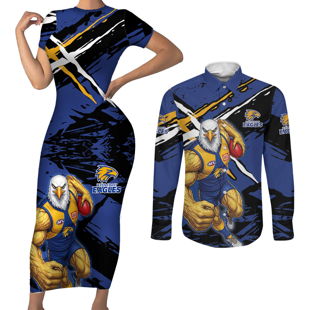 West Coast Eagles Couples Matching Short Sleeve Bodycon Dress and Long Sleeve Button Shirt Eagles Muscular Mascot Graphic - Abstract Paint Splatter Art