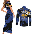 West Coast Eagles Couples Matching Short Sleeve Bodycon Dress and Long Sleeve Button Shirt Eagles Muscular Mascot Graphic - Abstract Paint Splatter Art