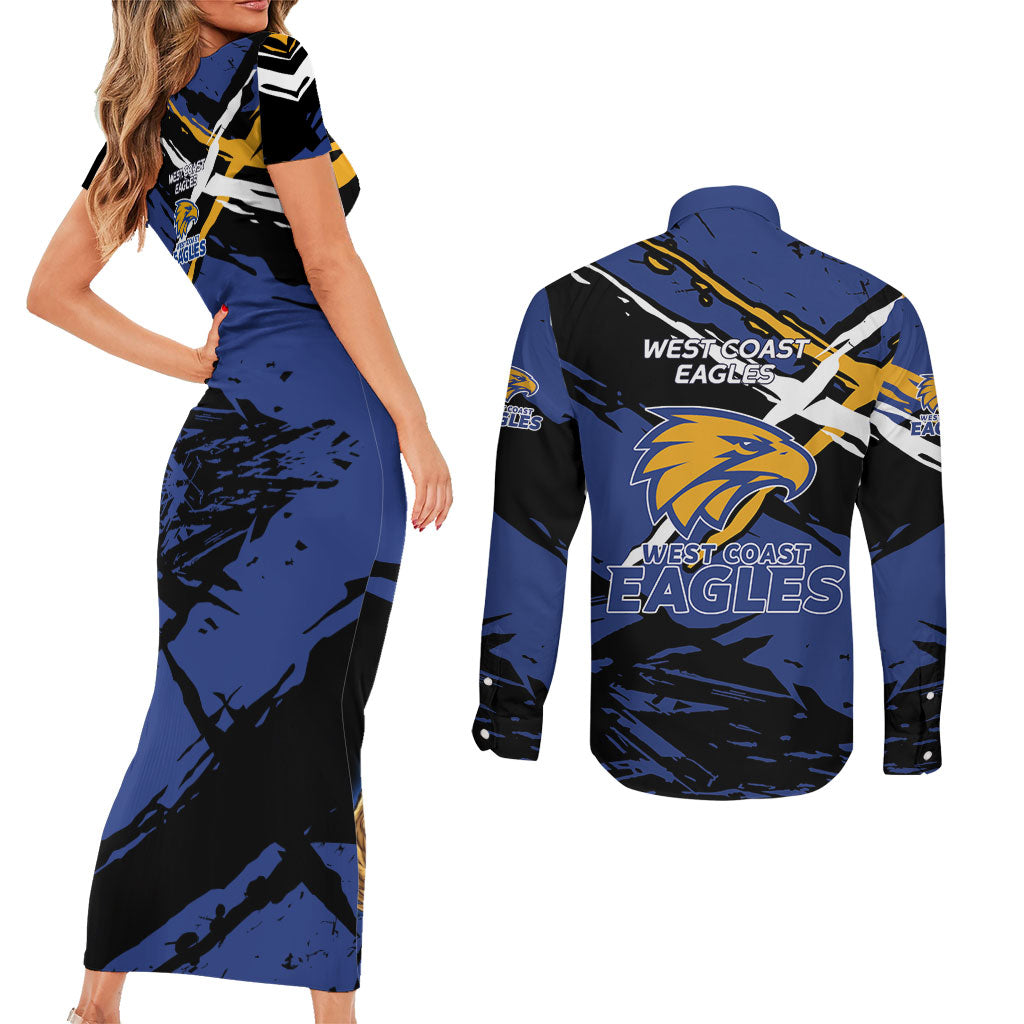 West Coast Eagles Couples Matching Short Sleeve Bodycon Dress and Long Sleeve Button Shirt Eagles Muscular Mascot Graphic - Abstract Paint Splatter Art
