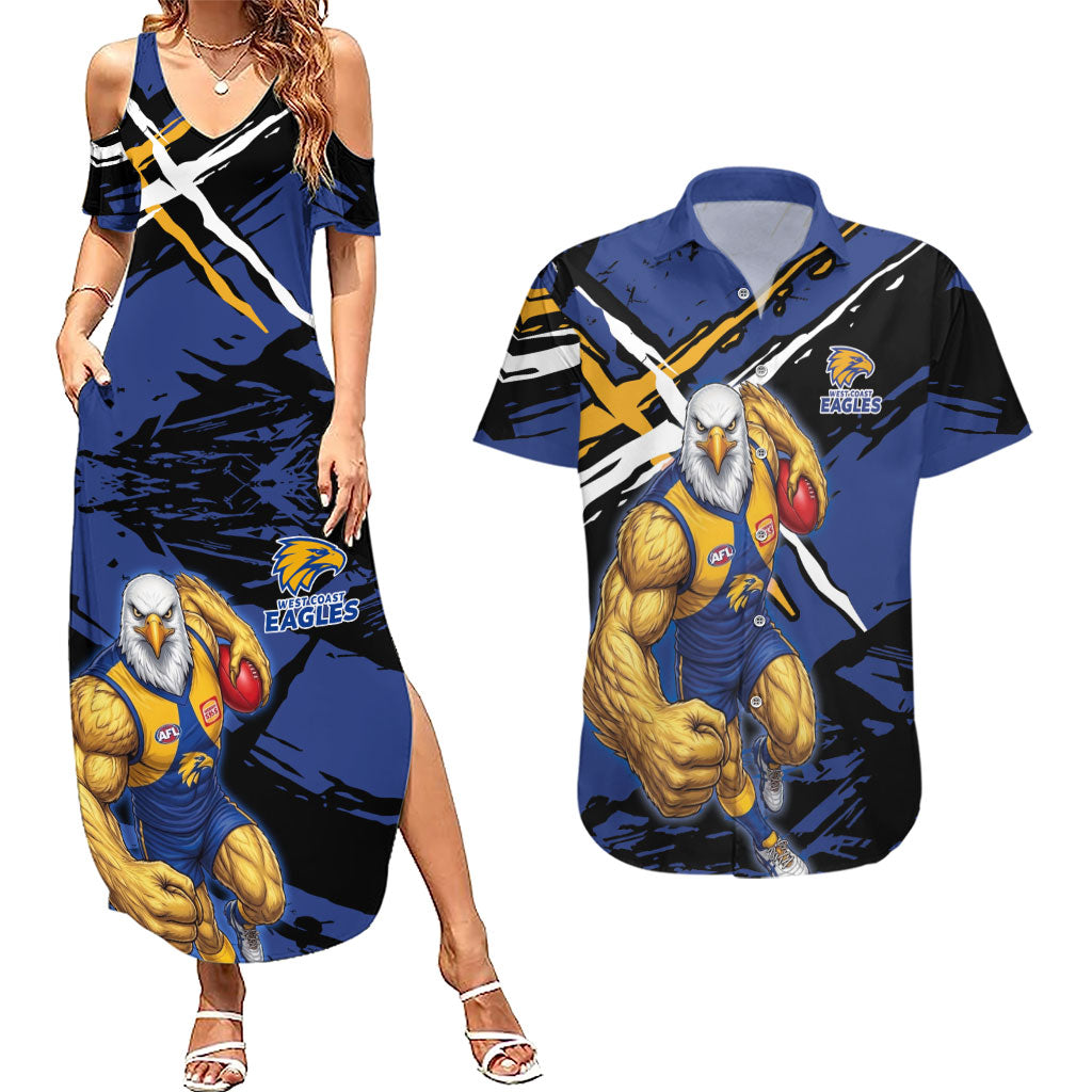 West Coast Eagles Couples Matching Summer Maxi Dress and Hawaiian Shirt Eagles Muscular Mascot Graphic - Abstract Paint Splatter Art
