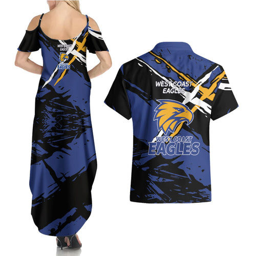 West Coast Eagles Couples Matching Summer Maxi Dress and Hawaiian Shirt Eagles Muscular Mascot Graphic - Abstract Paint Splatter Art