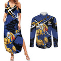 West Coast Eagles Couples Matching Summer Maxi Dress and Long Sleeve Button Shirt Eagles Muscular Mascot Graphic - Abstract Paint Splatter Art