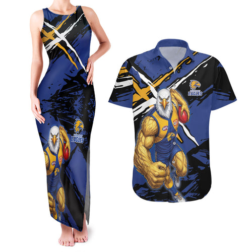 West Coast Eagles Couples Matching Tank Maxi Dress and Hawaiian Shirt Eagles Muscular Mascot Graphic - Abstract Paint Splatter Art