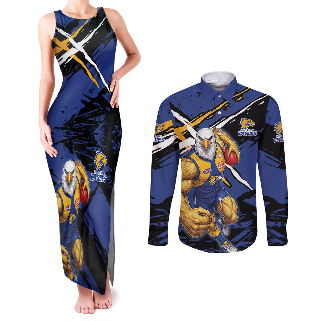 West Coast Eagles Couples Matching Tank Maxi Dress and Long Sleeve Button Shirt Eagles Muscular Mascot Graphic - Abstract Paint Splatter Art