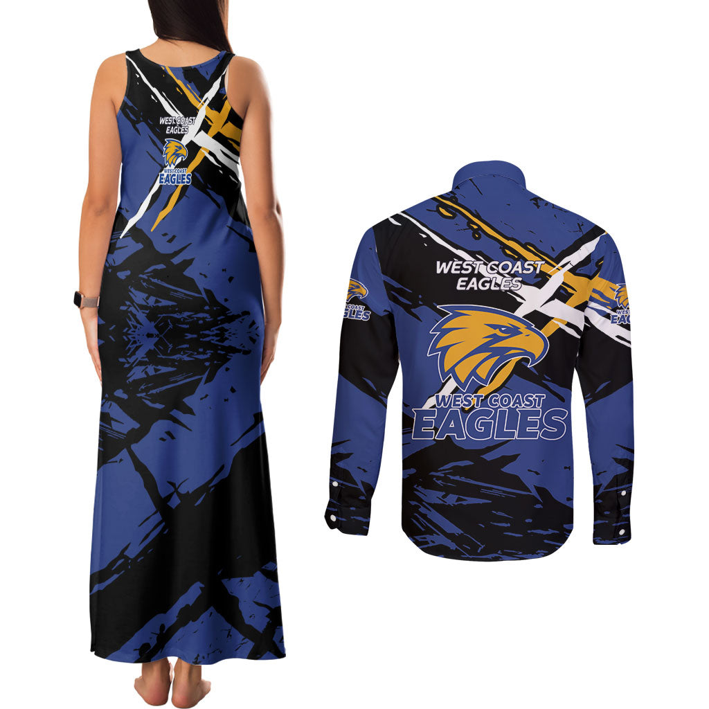 West Coast Eagles Couples Matching Tank Maxi Dress and Long Sleeve Button Shirt Eagles Muscular Mascot Graphic - Abstract Paint Splatter Art