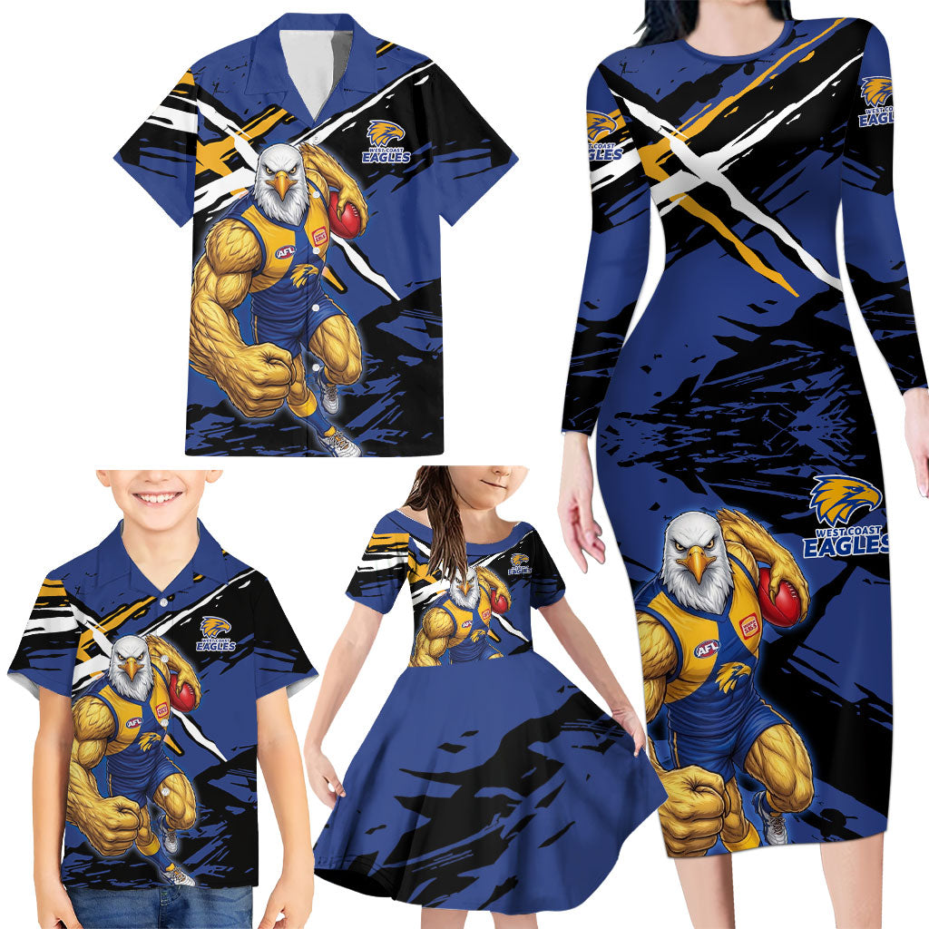 West Coast Eagles Family Matching Long Sleeve Bodycon Dress and Hawaiian Shirt Eagles Muscular Mascot Graphic - Abstract Paint Splatter Art