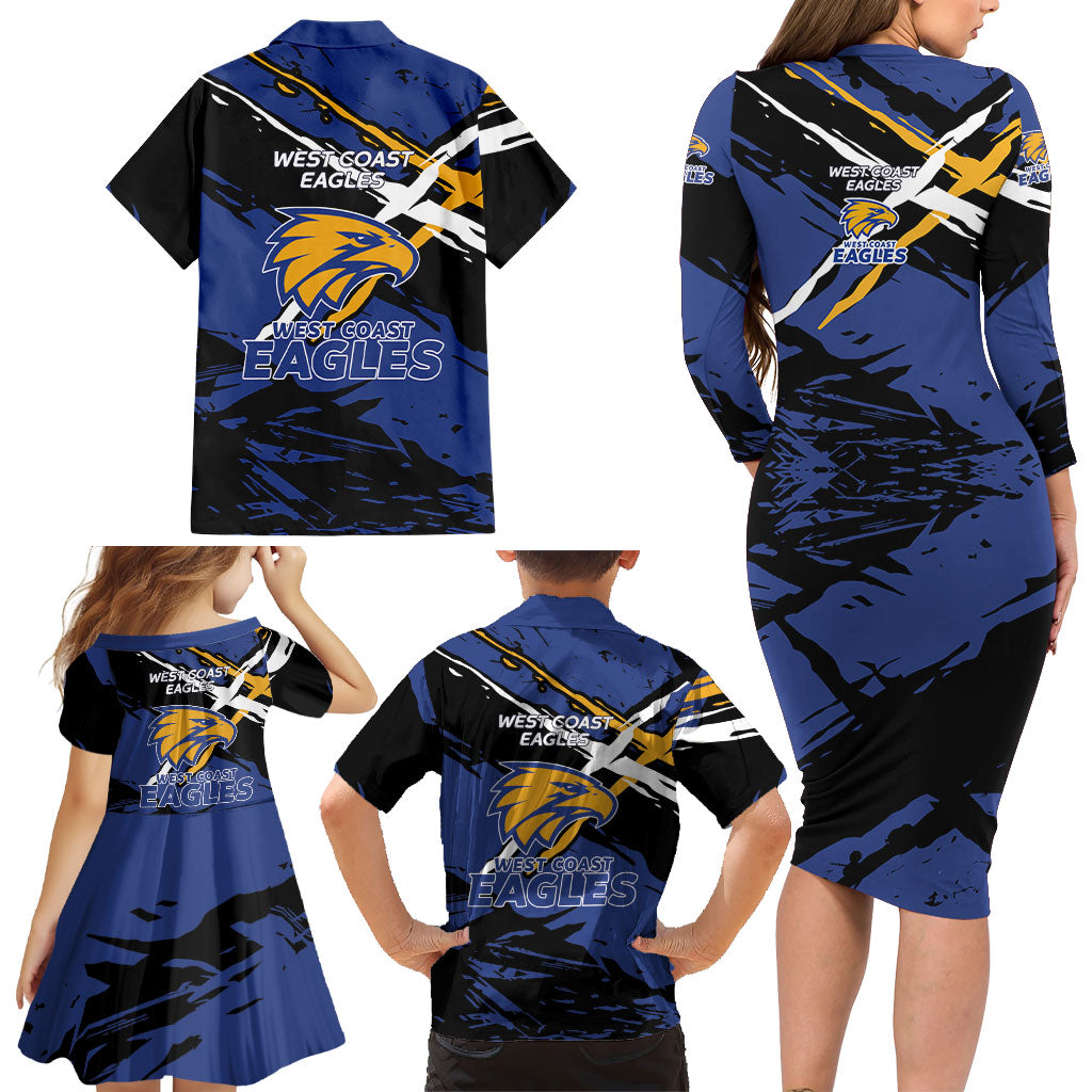 West Coast Eagles Family Matching Long Sleeve Bodycon Dress and Hawaiian Shirt Eagles Muscular Mascot Graphic - Abstract Paint Splatter Art