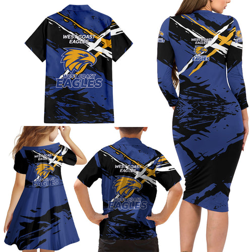 West Coast Eagles Family Matching Long Sleeve Bodycon Dress and Hawaiian Shirt Eagles Muscular Mascot Graphic - Abstract Paint Splatter Art