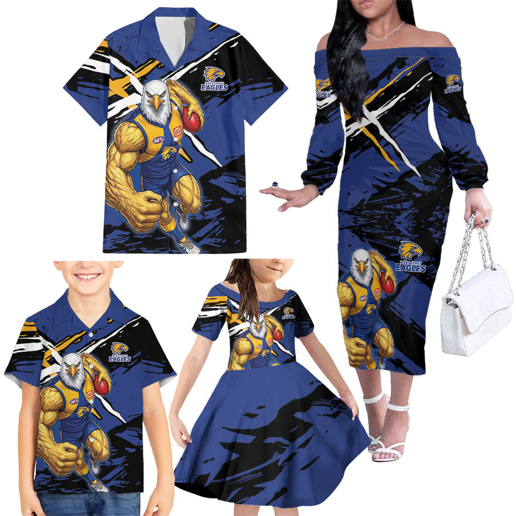 West Coast Eagles Family Matching Off The Shoulder Long Sleeve Dress and Hawaiian Shirt Eagles Muscular Mascot Graphic - Abstract Paint Splatter Art