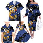 West Coast Eagles Family Matching Off The Shoulder Long Sleeve Dress and Hawaiian Shirt Eagles Muscular Mascot Graphic - Abstract Paint Splatter Art