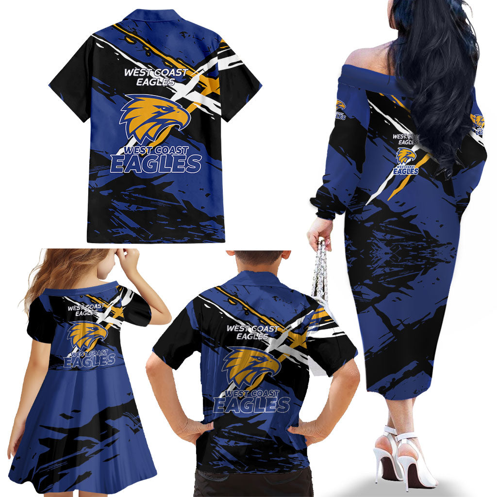 West Coast Eagles Family Matching Off The Shoulder Long Sleeve Dress and Hawaiian Shirt Eagles Muscular Mascot Graphic - Abstract Paint Splatter Art