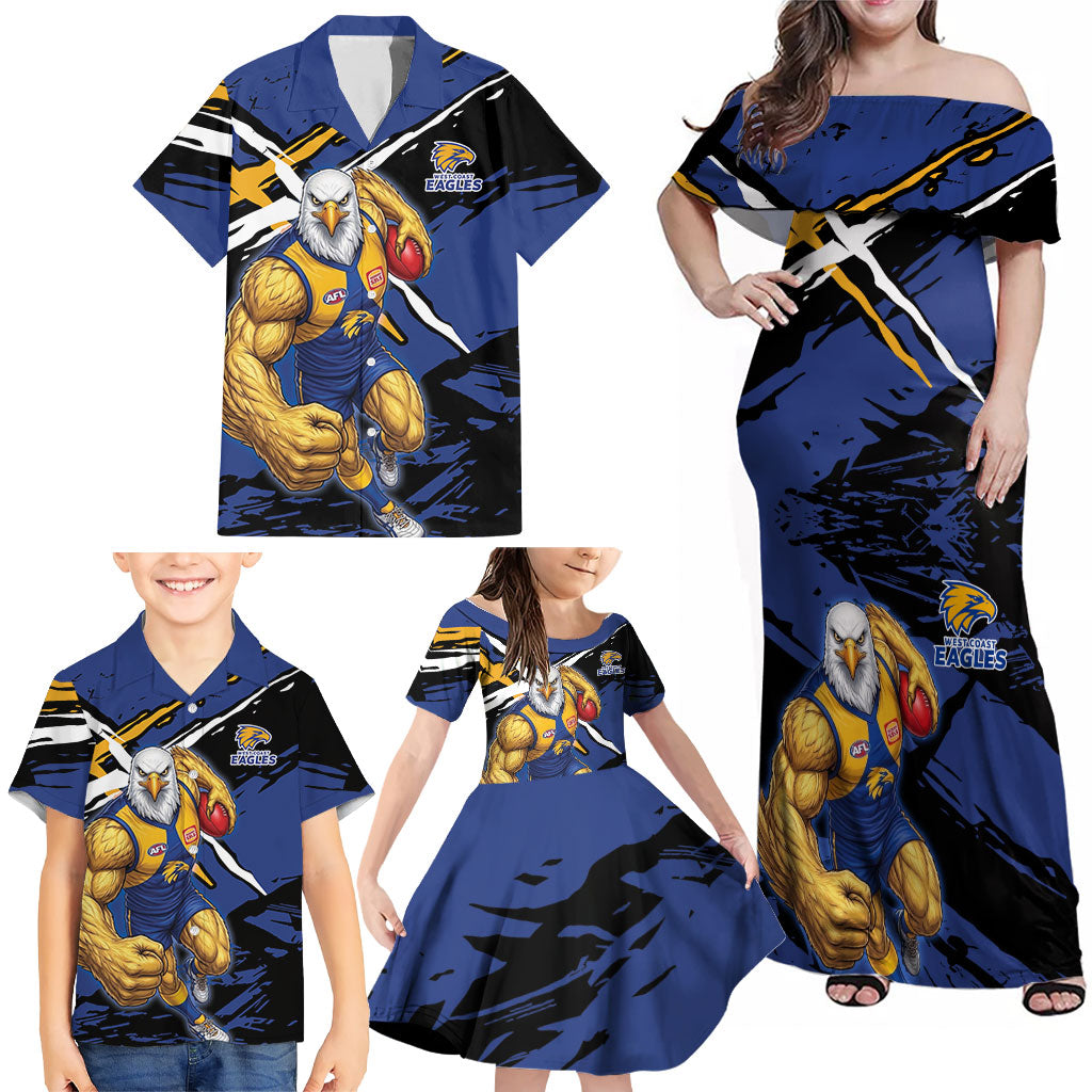 West Coast Eagles Family Matching Off Shoulder Maxi Dress and Hawaiian Shirt Eagles Muscular Mascot Graphic - Abstract Paint Splatter Art