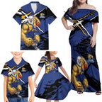 West Coast Eagles Family Matching Off Shoulder Maxi Dress and Hawaiian Shirt Eagles Muscular Mascot Graphic - Abstract Paint Splatter Art