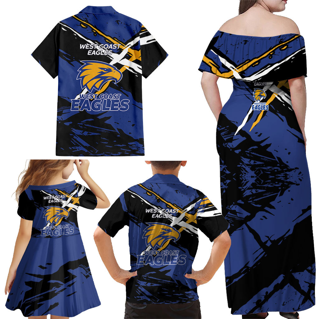 West Coast Eagles Family Matching Off Shoulder Maxi Dress and Hawaiian Shirt Eagles Muscular Mascot Graphic - Abstract Paint Splatter Art