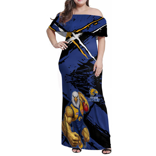 West Coast Eagles Family Matching Off Shoulder Maxi Dress and Hawaiian Shirt Eagles Muscular Mascot Graphic - Abstract Paint Splatter Art