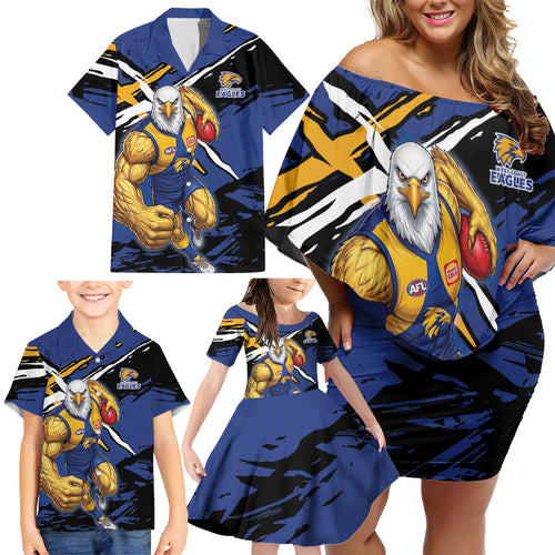 West Coast Eagles Family Matching Off Shoulder Short Dress and Hawaiian Shirt Eagles Muscular Mascot Graphic - Abstract Paint Splatter Art
